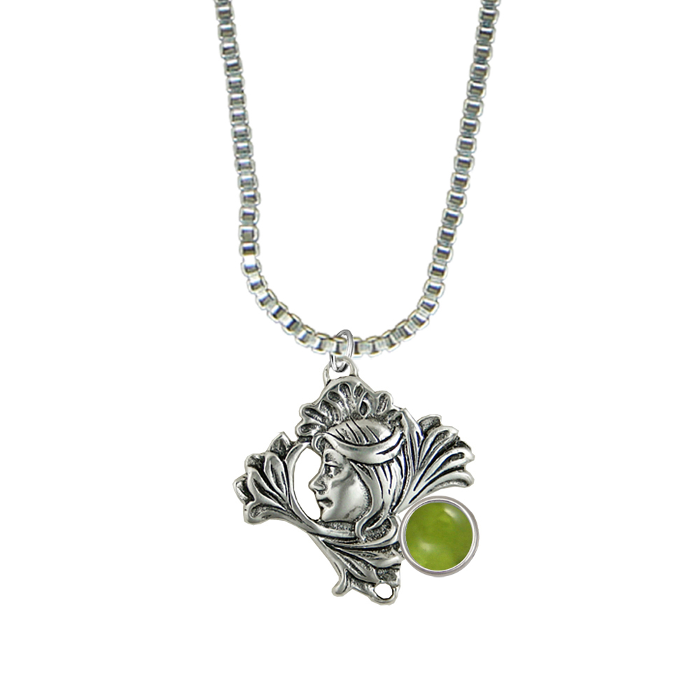 Sterling Silver Woman Maiden of the Lotus Flower Pendant Necklace With Peridot